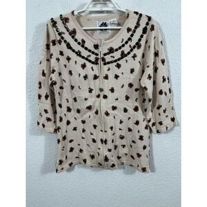 Storybook Knits Sweater Womens‎ Medium Beige Brown Beaded Zip Cardigan Top